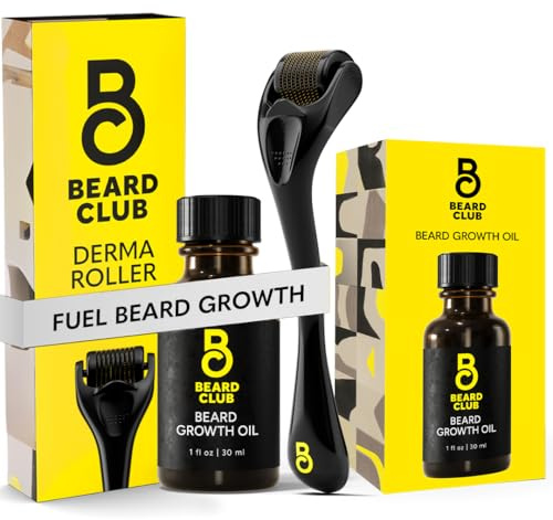 Beard Club Derma Roller & Beard Growth Oil - Microneedling Roller with 540 Titanium Coated Microneedles & Cedar, Sandalwood Beard Oil