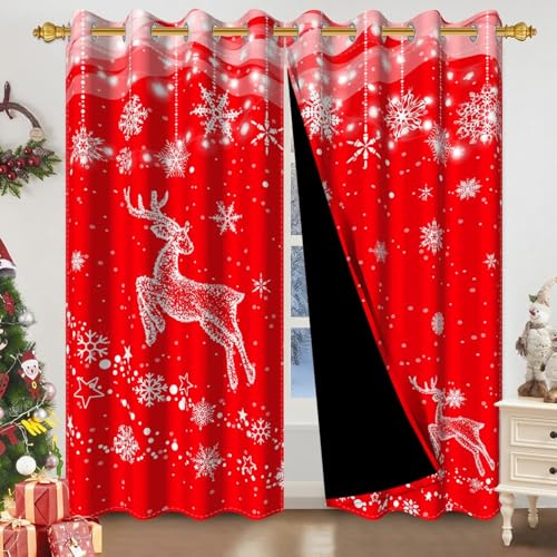 Uiiooazy Tende Oscuranti Natale, Tende Oscurante Termiche Isolanti Rosso Inverno Astratta Bianco Fiocco di Neve Tenda con Occhielli per Interni Camera da Letto Finestra Soggiorno, 2 Pezzi, 140x225cm