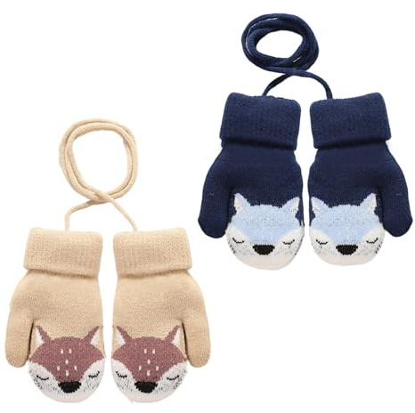Solivive 2 Paires de Moufles Bébé Tricoté,Gant Enfant Chaud avec Cartoon Mignon Gloves, moufle bebe,Doublure en Fourrure et Corde Anti-Perte pour Enfants Garçons Filles 0-3 Ans