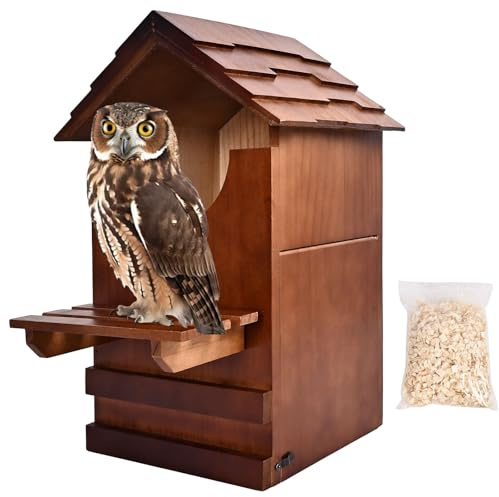 Large Owl House, 15'' x 10'' x 7'' Wooden Screech Owl Nesting Box with Perch Platform, Large U-Shaped Opening, Mounting Screws and Wood Shavings, Suitable for Outside Backyard