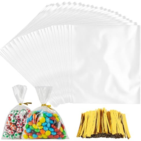 Woobroo 300 Sachet Plastique Transparent15x10cm avec 300 Attaches Dorées - Pour Bonbons, Biscuits, Cadeaux - Idéal Fêtes, Mariages, Commerces Alimentaires