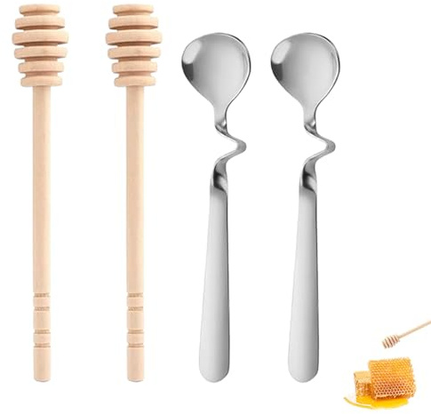 2 Stück Honiglöffel Edelstahl,Honig Löffel Holz,Holzlöffel Honig,Rührlöffel,Honigrührstab,Marmeladenlöffel,Holz Honigstab,Langlebig für Familien,Rühren Geeignet für Marmelade,Kaffee,Joghurt,Tee,Sirup