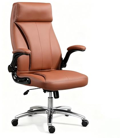 zxhrybh Ergonomischer Bürostuhl aus Leder mit Lordosenstütze, Verstellbarer Schreibtischstuhl mit Hoher Rückenlehne, Drehstuhl mit Rollen fürs Homeoffice(Brown)
