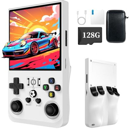 XiFanHo R36MAX Console per videogiochi retrò - Schermo IPS 4K HD da 4,0, 128 GB precaricati, batteria ricaricabile da 4000 mAh, videogiochi portatili (White)
