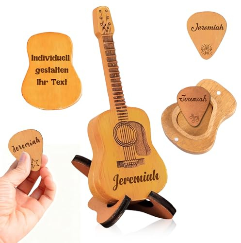 Personalisierte hölzerne Gitarren Plektrum Box -Gitarrenplektrumhalter mit eingraviertem 3 Gitarrenplektren Geschenk für Liebhaber von Akustikgitarre E-Bass Gitarre und Ukulele (Holzversion)