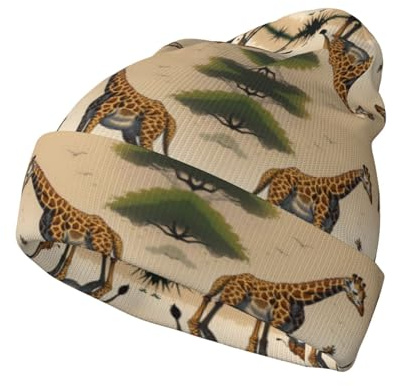 Cappello in maglia con motivo giraffa madre e bambino, caldo ed elastico, adatto per viaggi, uso quotidiano o come parte del coordinamento dell'outfit. Nero