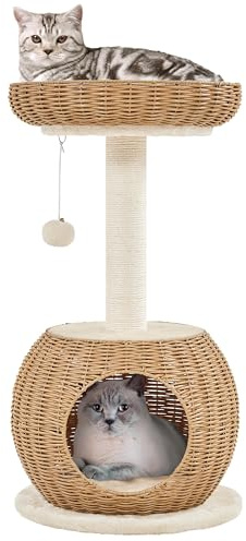 Abician Arbre à Chat en Rotin PE 75 cm, Ø40 cm Structure Anti‑Basculement | 2 Coussins Lavables et Panier Confortable. Niche, Griffoir, Rotin PE Résistant, Espace de Repos Idéal pour Votre Chat