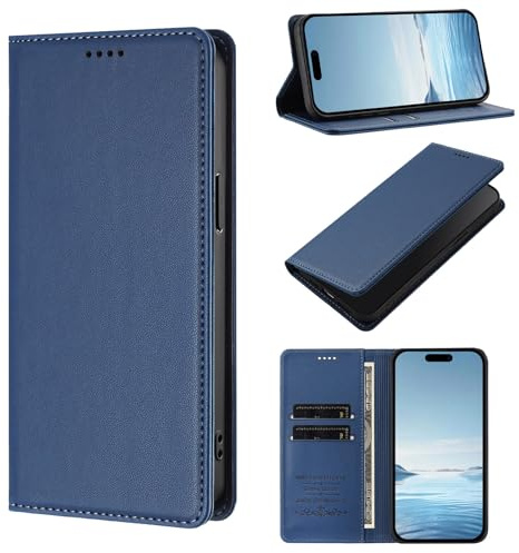 WOWUDI Funda para Motorola Moto E13 2023 4G,Bloqueo RFID Carcasa Protector con Ranuras para Tarjetas,ase Magnético Fuerte Ranura para Doble Tarjeta -Azul Oscuro