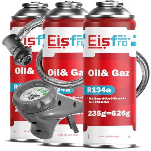 Eisfro - Sostituto del fluido refrigerante R134a gas 3x 235 g con tubo per climatizzatore – Ricarica climatizzatore auto – Gas R134a – Cartuccia di gas – ECO