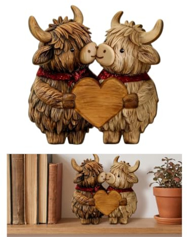 Highland Cow Holz Deko, 2D Flache Holzfigur Mit Zwei Kühen Und Herz, Lustige Wohnzimmer Deko Für Regal Und Schreibtisch, Geschenk Für Paare (Kleines Herz) | Massivholz, glatt geschliffen. Flach & platzsparend für Deko. Schafft warme Atmosphäre, ideales Herz-Geschenk.
