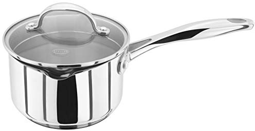 Stellar Profile Stainless Steel Draining Saucepan with Glass Lid 14cm 800ml, Induction Ready, Oven Safe, Dishwasher Safe
