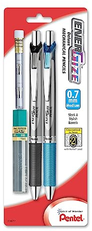 Pentel EnerGize Automatic Pencil with Lead and Erasers, 0.7mm, Assorted, 2 Pack (PL77LEBP2)
