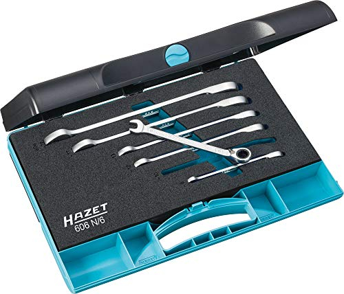 HAZET Knarren-Ring-Maulschlüssel-Satz 606N/6 I 6-teilig I In Kunststoff-Kasten mit Safety-Insert-System, Schlüsselweite: 8-19 I Umfangreiches Set