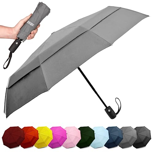 Windproof Compact Umbrella for Rain - 42” Travel Umbrella, Portable, Strong, Collapsible to 11”, Automatic Open Close Button, Vented Double Canopy with Fiberglass/Steel Frame, Wind Resistance to 55MPH