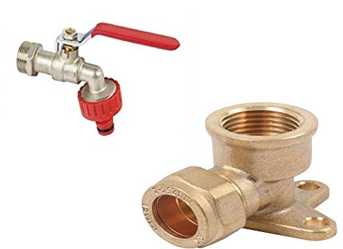 Wärmer System 1/2 Garden Bib Tap with Red Handle, Brass | Garden Hose Plug, Compression Fitting Wall Plate Elbow