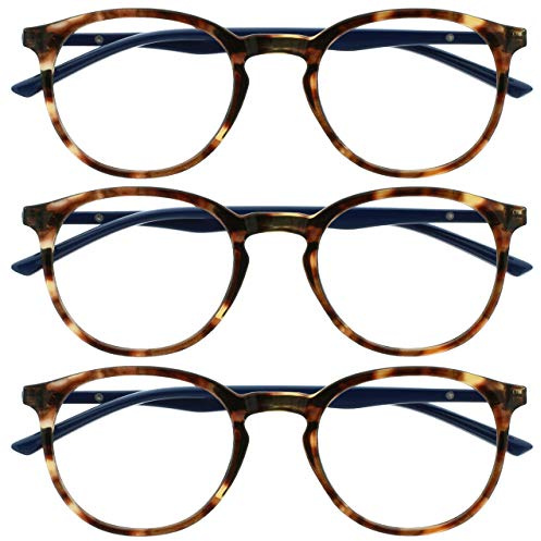 OPULIZE MET Blaulichtfilter Lesebrille für Damen Herren - 3er-Pack - Runder Brille - Blendfreie UV400-Schutz - Federscharniere - Anti-Müdigkeit - Braun Schildpatt +2.00