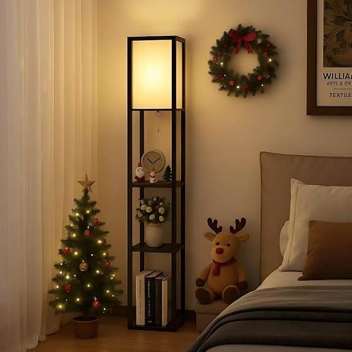 YU YUSING Lampadaire sur Pied Salon, Design Lampadaire Chambre avec 3 Etagères Douille E27, Lampe Salon en Bois MDF avec Abat-Jour, 1.6M Lampe sur Pied de Lecture Bureau, Noir | Hauteur 1.6m, 3 Étagères, Douille E27 Sans Ampoule, Interrupteur à Tirette, Éclairage de Salon Chambre Bureau