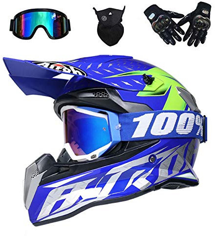 VOMI® Integrale Casco del Motociclo, Giovani Caschi Scooter off Road Dirt Bike, Corse di Motocross del Caschi Bici Quattro Stagioni Universali Guanti Occhiali Maschera Set 4 Pezzi,Blu,M