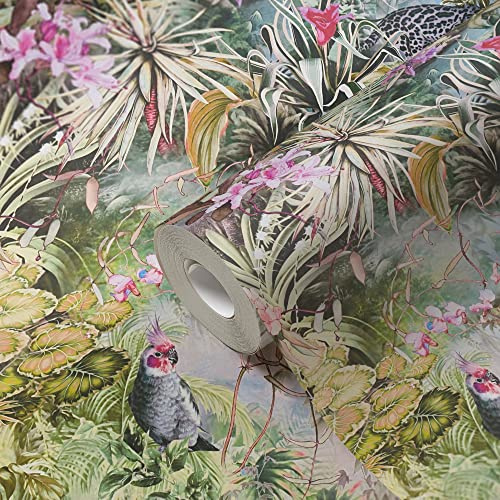 A.S. Création Tapete Dschungel Tiere Grün Rosa 381793 Vliestapete Pflanzen Floral für Küche 10,05x0,53m Made in Germany