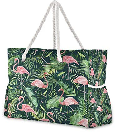 Mnsruu Grüne Palmblatt-Flamingo-Vogel-Tragetasche, Strandtasche, große Tasche, Seilgriffe, für Einkaufen, Reisen, im Freien