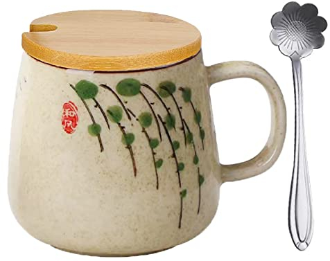 Tazza da Caffè con Coperchio,Tazza da latte in Ceramica con Coperchio,Tazza da Cappuccino 400 ml,Tazza da Caffè Giapponese Dipinta a mano Tazza,Tazza da Tè