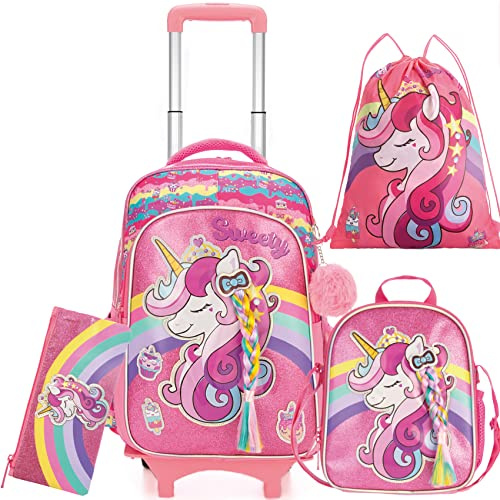 HTgroce Schulranzen Schulranzen mit Rollen Einhorn Trolley für Mädchen,16inch Schulranzen Mädchen Einhorn Inklusive Lunchpaket und Federmäppchen Schulgeschenk für Mädchen Trolley Rucksack.