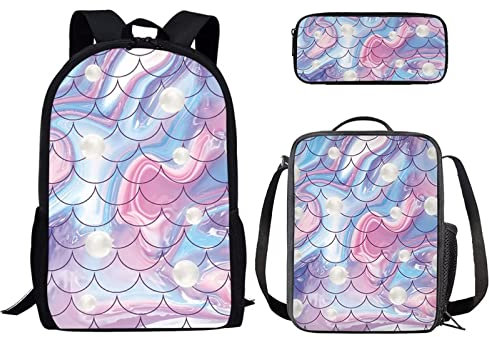 Binienty Rucksack für Jungen und Mädchen, modisches Büchertaschen-Set mit Lunchtasche und Federmäppchen für Grundschul, Kindertaschen, Reise-Rucksack, Mermaid Scale-1, Einheitsgröße