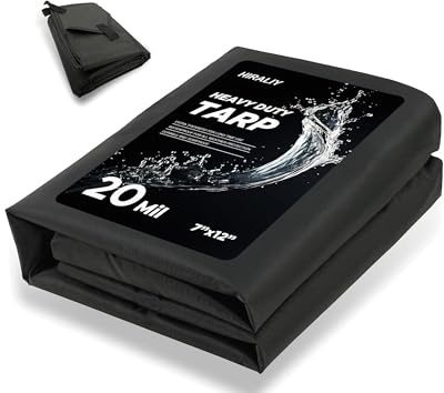 HIRALIY 20 Mil Heavy Duty Waterproof Tarp, 7x12ft Black Tarpaulin with Reinforced Webbing Loops, Multipurpose Oxford Fabric Tarp for Firewood, Roof, Camping, Pool