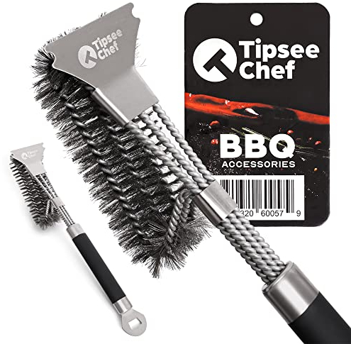 TIPSEE CHEF Stainless Steel Grill Cleaning Brush and Scraper w/ Bottle Opener - 17 Extended BBQ Scraper Brush - Heavy Duty & Safe Gunk Removal For All Grill Grates - Woven Wire Metal Bristles