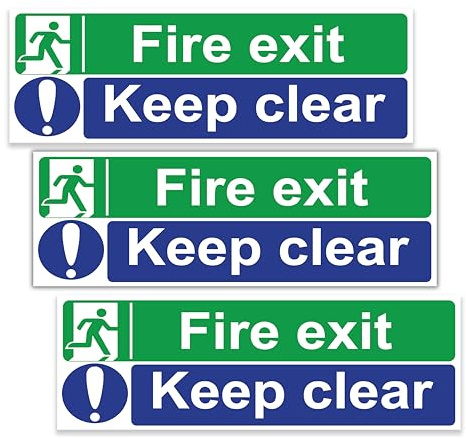 stcky Fire Exit Sign - 30cm x 10cm Ideal Sized Fire Exit Arrow Self Adhesive Vinyl Signs [Pack of 3] (Fire Exit Keep Clear)