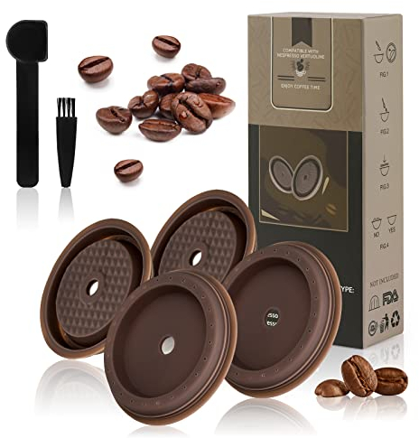 Reusable Coffee Capsule Lid, Compatible with Nespresso Vertuo Pods and VertuoLine Capsules, Coffee Filter Refillable, Food Grade Silicone with Spoon and Brush - Pack of 4 (Brown)