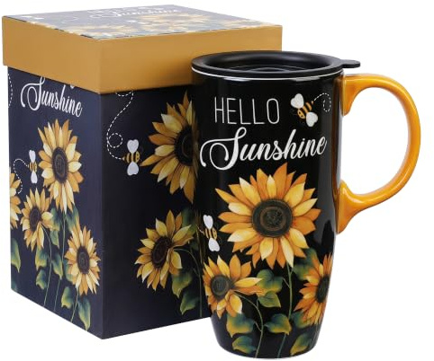 Topadorn Sunflower 17oz Ceramic Travel Mug with Lid and Gift Box | Microwave & Dishwasher Safe, Fits Car Cup Holders, Reusable Coffee Cup, Pure Coffee Taste, Ideal Birthday & Housewarming Gift