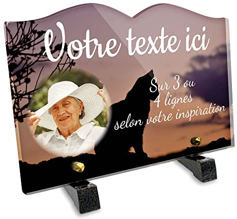 OCAP-FUNERAIRE.COM Grabschild Buch mit Foto personalisiert aus Plexiglas Motiv Silhouette einer Katze, verschiedene Größen, Dicke 6 mm, personalisiert auf mehrere Linien, 22 x 15 cm