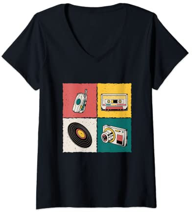 Mujer Retro 80's 90's Nostálgico Gadgets Vintage Camiseta Cuello V