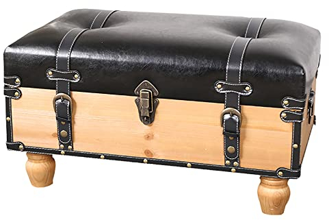 SAZDFY Weinlese Bauernhaus Ottomane Kunststoff Pu-Leder Gepolstert Industriell Lagerbank FUßSTÜTZE Für Wohnzimmer Schlafzimmer Wechselschuhe Bank-Schwarz 60x34x34cm(24x13x13inch)