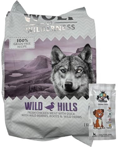 AETN Creations Wolf of Wilderness Adult Wild Hills 1kg - Chicken and Duck Flavour Grain-Free, Premium Quality Protein Dry Dog Food with AETN Jerky Treat