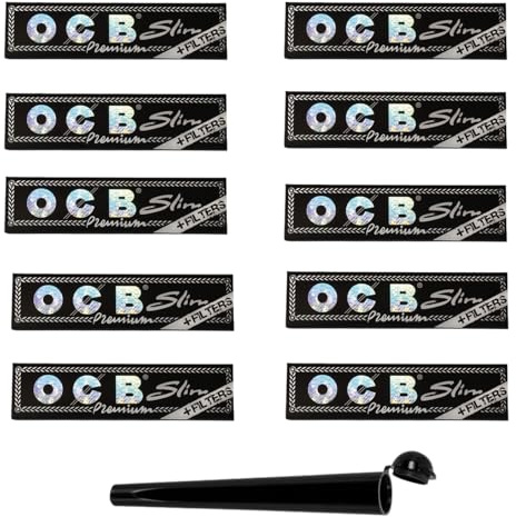 raupir Set 10 Heftchen OCB Schwarz Premium Long Slim Papier mit Filtertips extra dünnes und extra langes geprägtes Qualitätspapier King Size Slim 1 Tube schwarz