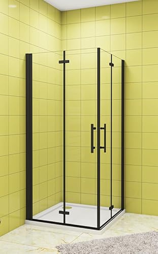 Aica Sanitär Duschkabine Eckeinstieg Falttür Duschabtrennung Nano Glas,H185cm,Schwarz,80x80cm