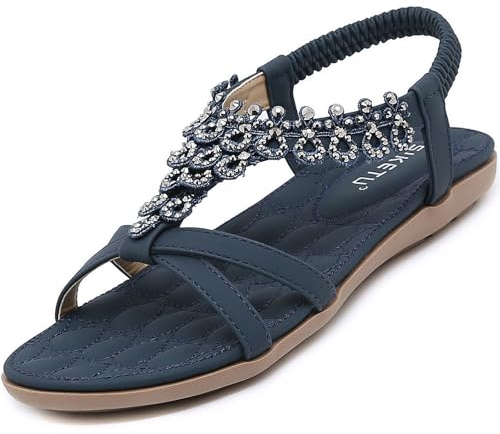 Acfoda Sandalias Mujer Verano Ortopedicas Planas Cómodas Confort Bohemias Casual Zapatos de Playa Azul 40
