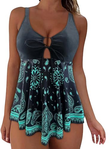 WILLBEST Tankini Damen Mit Bügel Cup E Bikini Damen Bauchweg Blau Swimsuit Schnell Trocknend Padded Bikini Tankini Sets Bauchweg Bademode Tropical Print Zweiteiliger Badeanzug Swimsuit