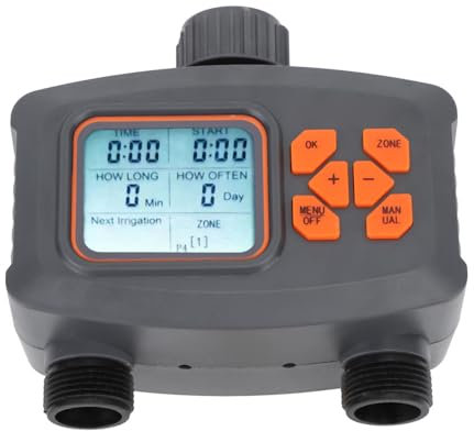 SIXRUN Bewässerungs-Timer mit 2 Auslassschläuchen, 2-Zonen-Sprinkler-Timer mit Regensensor, Automatischer Bewässerungsregler mit G3/4-Stecker auf G1/2-Buchse,