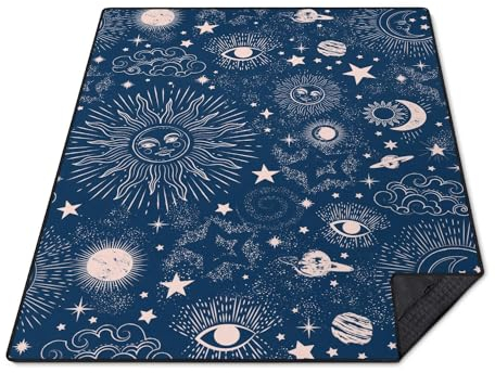 awufncksn Gothic Picnic Blankets Waterproof Foldable,80″X80″ Sun and Moon Thick Picnic Mat Outdoor Blanket for Grass,Blue Large Beach Blanket Sandproof Picnic Accessories for Camping Picnic Party Park