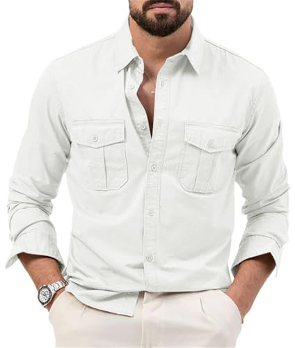 seiveini Camisa de Exterior para Hombre Manga Larga Transpirable de Secado Rápido Outdoor Blusa Camisas para Senderismo, Pesca, Trekking Camisa Funcional para Hombre Vintage A Blanco 3XL