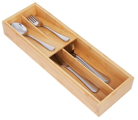 Timboops Home Bamboo Silverware Drawer Organizer, Kitchen Utensil Tray Holder Organizer, Drawer Storage Organization for Flatware, Cutlery, Spoon, Forks and Knives 4 Slots