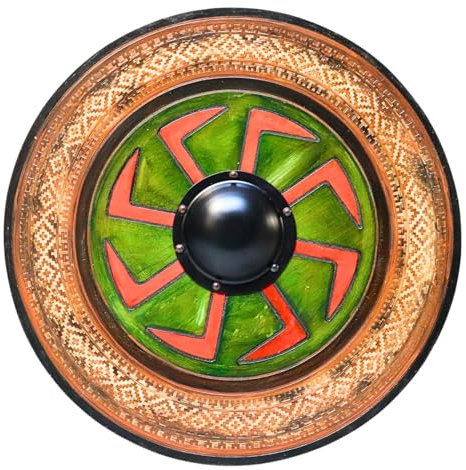 Bouclier de l'ère viking en bois fait à la main - Symbole de guerrier runique sculpté - Taille adulte - 61 cm - Fait à la main - Bois naturel et fer - Pour Halloween - Cosplay - Multicolore,