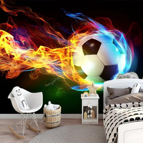 3D Flaming Football Wall Mural - Dynamic Fire Sports Photo Wallpaper for Boys Bedroom & Playroom Decor, Non-Woven, 250 x 175 cm