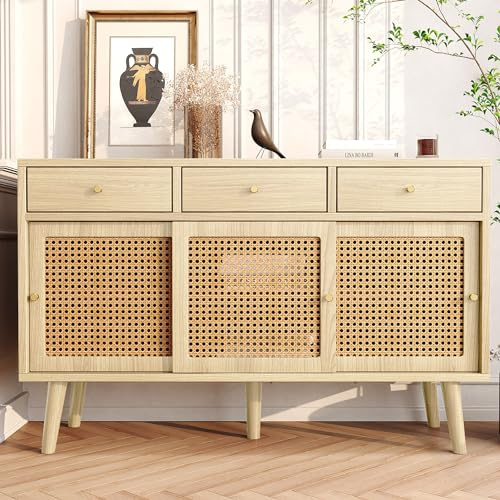 Soweiz Aparador con 3 cajones y 3 puertas correderas, ratán trenzado en los frentes de la puerta, patas de madera maciza, asa de metal dorado, estantes ajustables, 120 x 40 x 78 cm (roble)