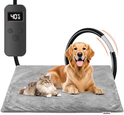 Tappetino Riscaldante per Cani Gatti, 70 * 45cm Tappeto Riscaldante Cani Timer a 12& Regolabile Temperatura 30-55℃,Tappeto Riscaldante Gatto Coperta Elettrica per Animali Domestici Anti-Morso