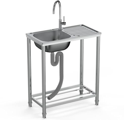 Freistehende Küchenspüle, freistehende Edelstahlspüle, große Küchenspüle mit Werkbank, Einzelspüle für den Außenbereich, Mobile Camping-Gewerbespüle mit Warm- und Kaltwasserhähnen für Garage