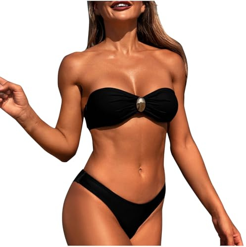 Bandeau Bikini Damen Set Bikini Trägerlos Badeanzug Push-up-Bikinioberteil und Triangel Badeshorts Zweiteiliger Bademode Trägerloser BH G-String Tanga Beachwear Badeanzüge Bikini-Sets für Damen